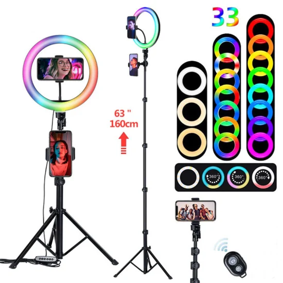 Luz de preenchimento ao vivo ajustável de 10 polegadas RGB LED anel de luz com suporte telescópico de piso para celular Selfie Beauty Light com controle remoto